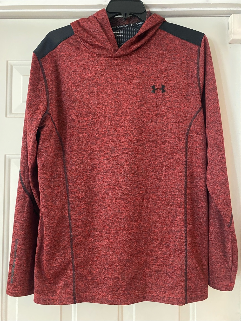 Men’s Under Armour Red Heather Hooded Performance Jacket with Black Accents.